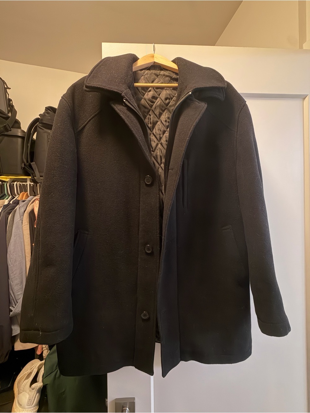 Ralph Lauren Black Wool Blend Quilted-Lined Pea Coat